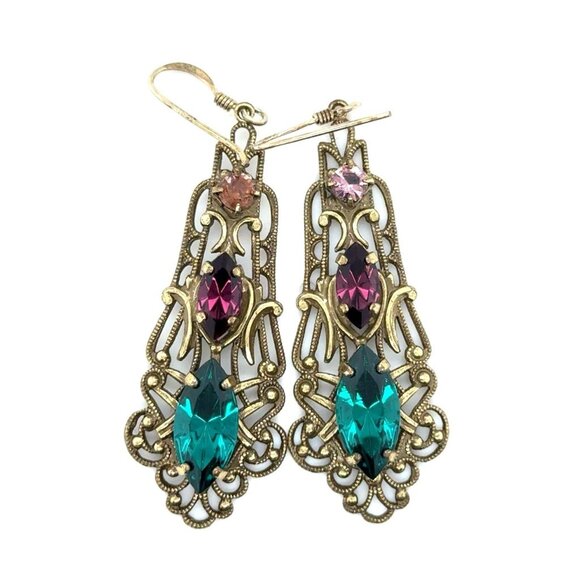 Brass Colored 925 Stamp 3 Stones Earrings - Picture 1 of 6